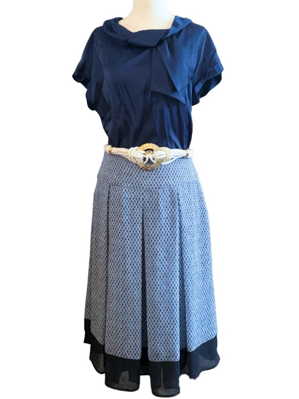Navy Pleated Midi Skirt Micro Print Sheer Hem Coastal‎ Preppy